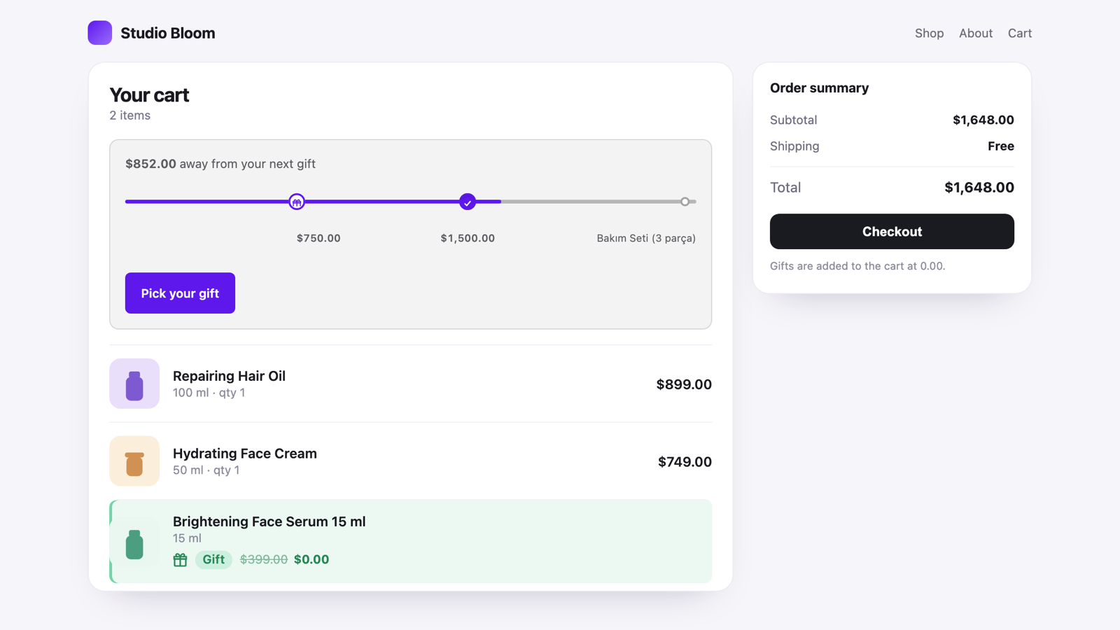 Gift line in cart